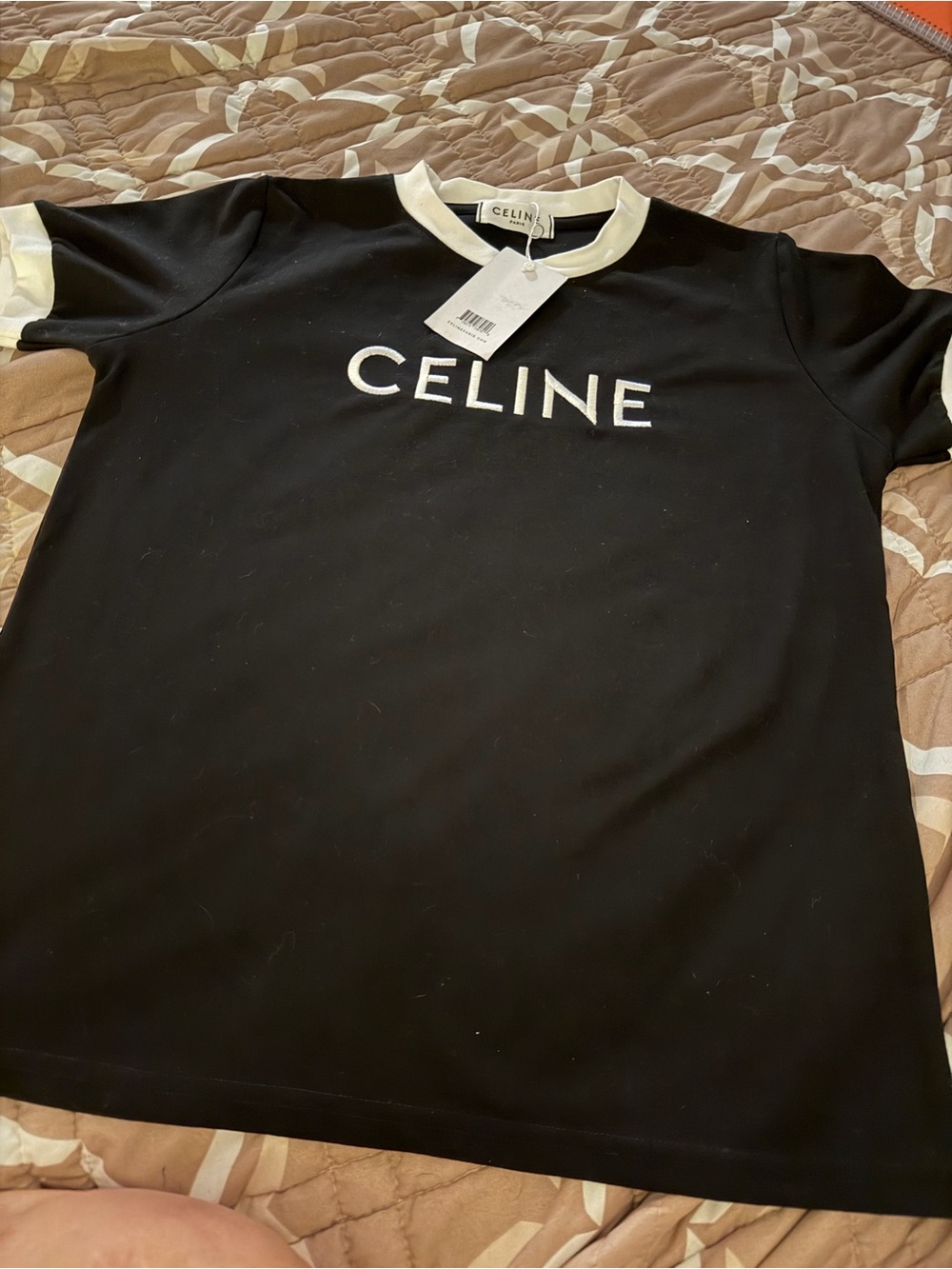 CELINE Black Tee with White Contrast Trim